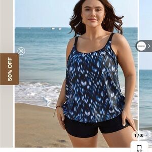 BloomChic Blue and Black Plus-Size Patterned Tankini Coverup